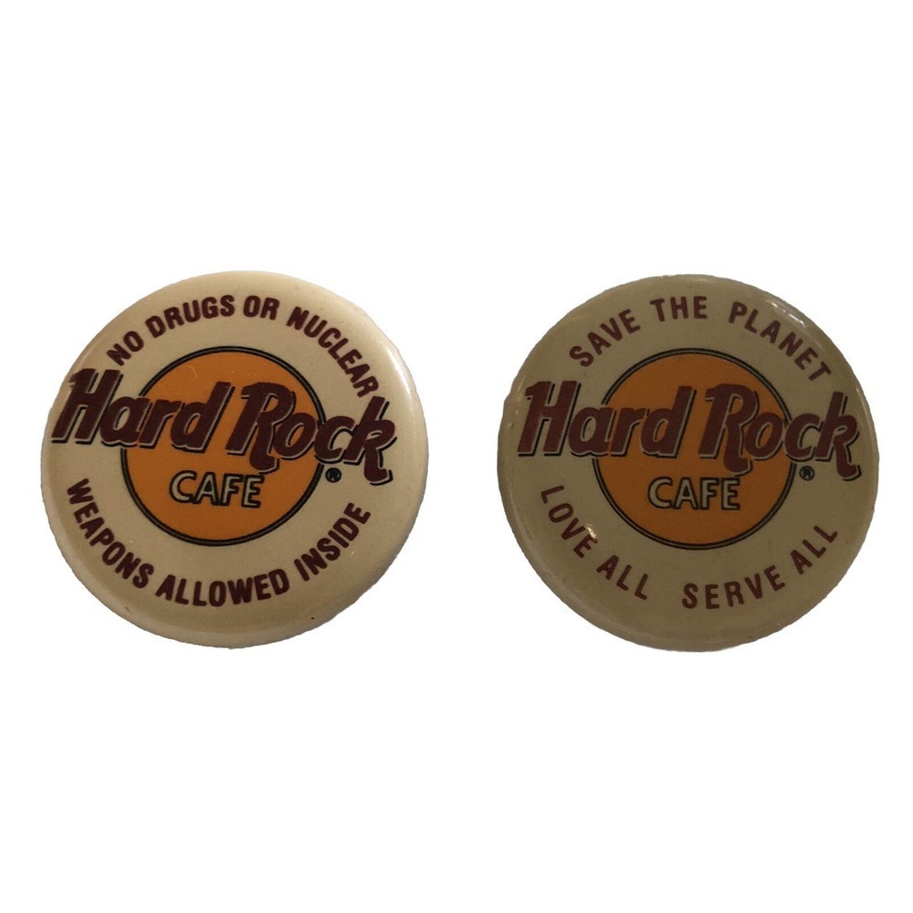 2 Hard Rock Cafe Button Pin Save The Planet Love All Serve All No Drugs Weapons
